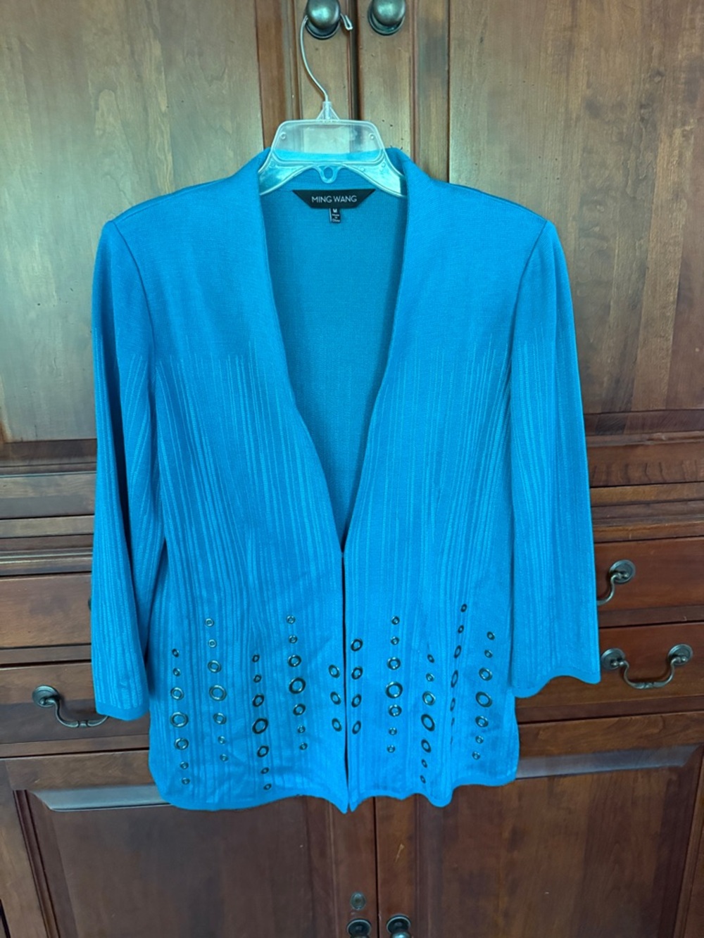 Ming Wang Teal Blue Open-Front Blazer with Grommet Detail